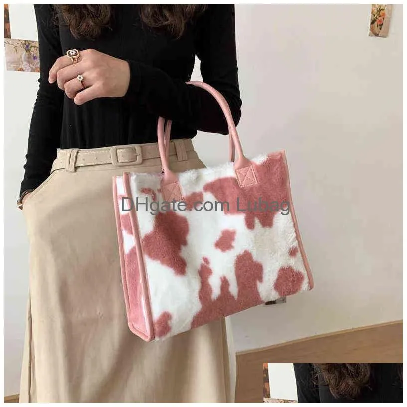 evening bags xiuya cute cow pattern fur womens tote bag big capacity shoulder bag for women cheap leopard handbags t220922