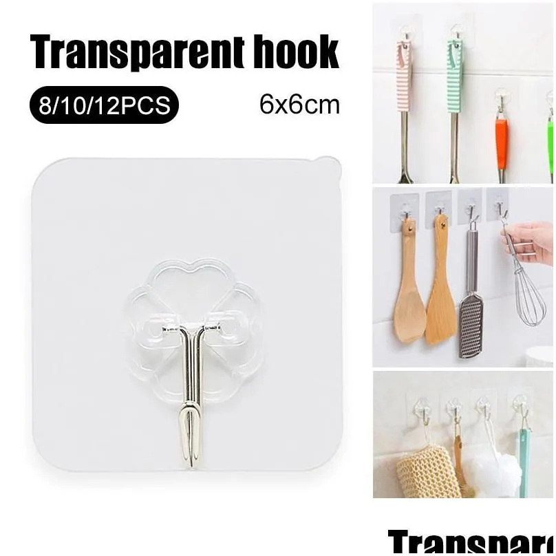 hooks rails 8/10/12pcs transparent adhesive seamless wall strong non marking sticking hook waterproof no punching th