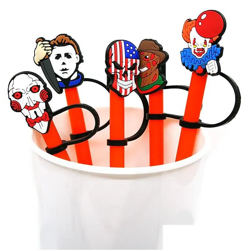 fast dhs halloween horrible movie tumbler straw topper silicone mold cover charms splash proof drinking dust plug decorative 8mm straw environmental