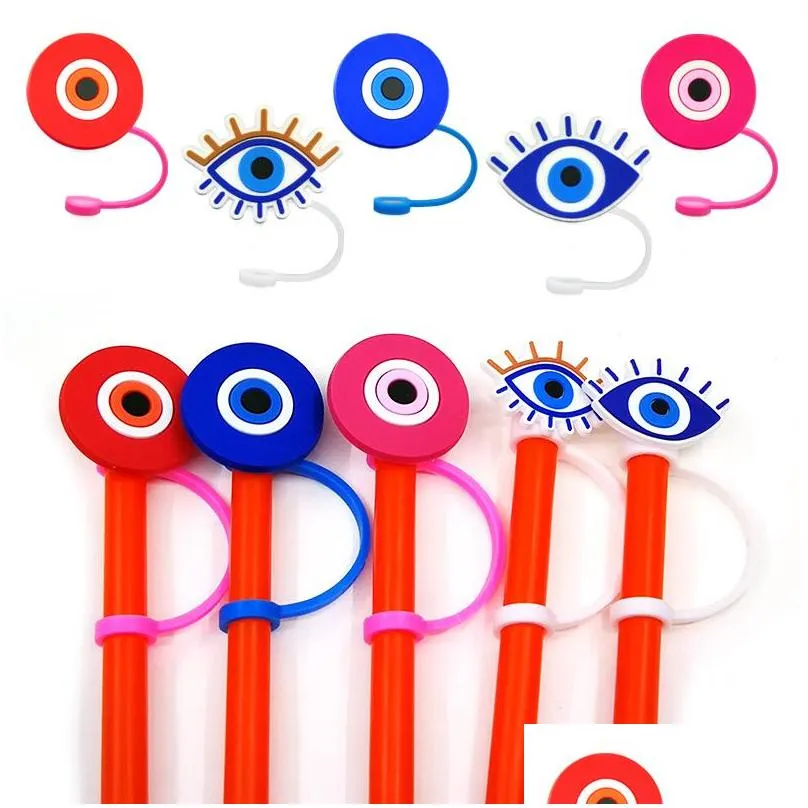 custom evil eye soft silicone straw toppers accessories cover charms reusable splash proof drinking dust plug decorative 8mm straw party