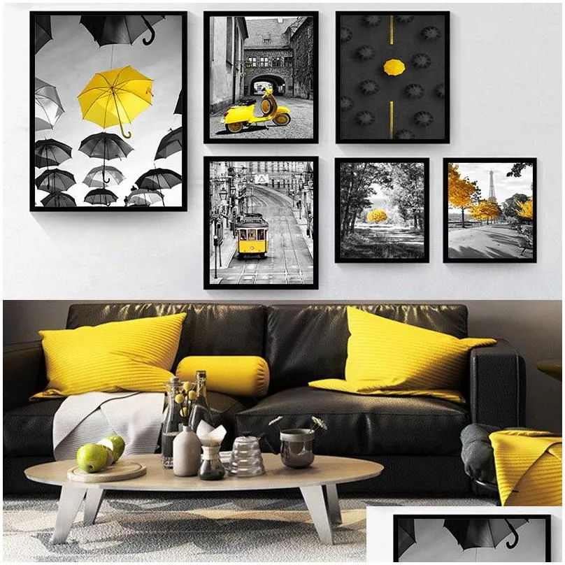 yellow style scenery picture home decor nordic canvas painting wall art print black and white backdrop landscape for living room1