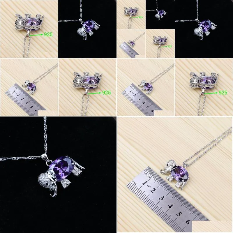pendants elephant 925 silver chain necklace purple cubic zirconia slide pendant for women wedding/engagement/party/gifts