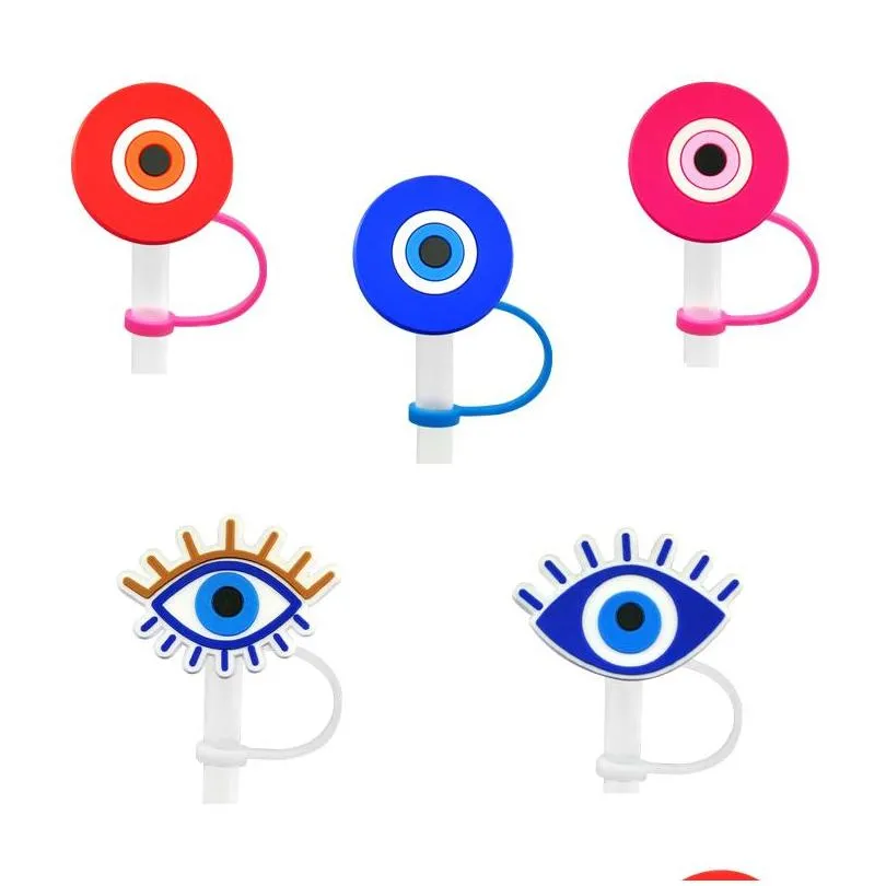 custom evil eye soft silicone straw toppers accessories cover charms reusable splash proof drinking dust plug decorative 8mm straw party