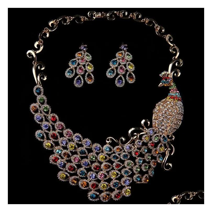 2020 luxury phoenix wedding accessories rhinestones necklace earrings bride jewelry sets colorful cheap bridal necklaces 15092