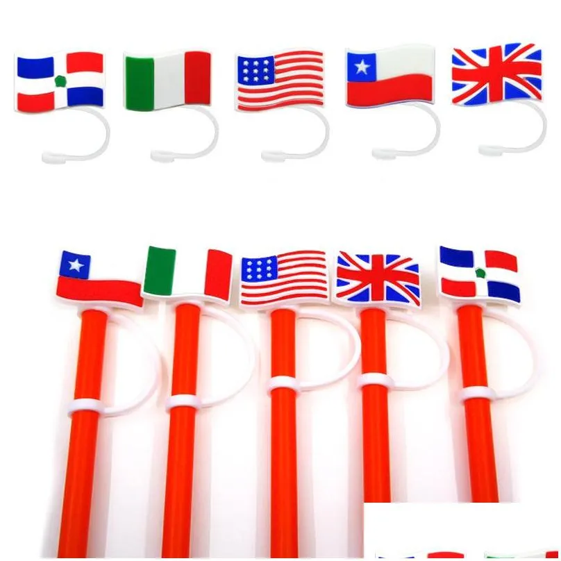 national flag pattern soft silicon straw toppers accessories charms reusable splash proof drinking decorative straw suit for 8mm in tumbler cup party