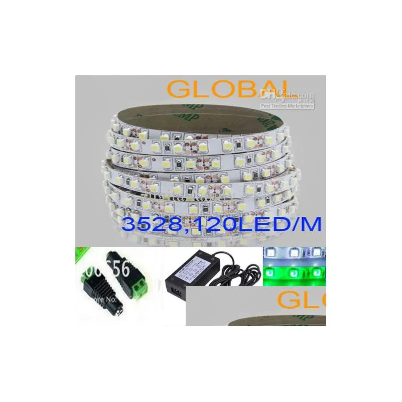 led ribbon blue white yellow red warm led strip light 5m 3528 smd flexible nonwaterproof 120led/m with connector with 12 4a power