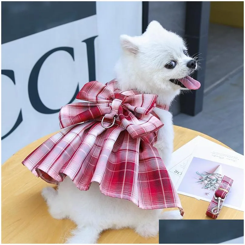 dog collars leashes bow collar skirt cute pet harness with breast strap traction rope cat dogs clothes vest princess tutu dress