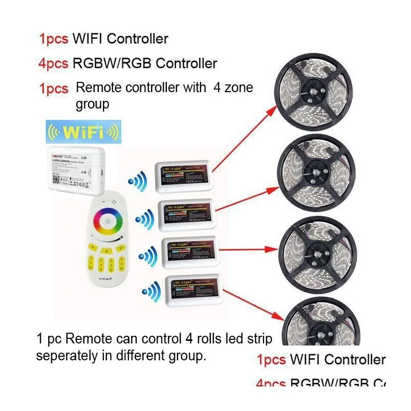 rgbw rgbww rgb 20m 5050 mi light wifi led strip waterproof dimmable 12v 24vadd4pcs controller add rf remote add power supply with plug smart