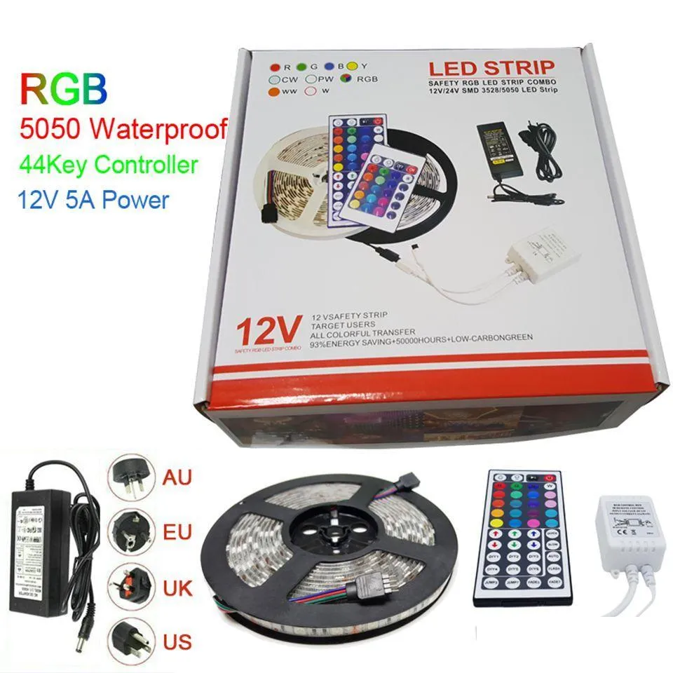 christmas gift led strip light rgb 5050 5m 300 led strips waterproof with 44 keys ir remote controlleradddc12v 5a power adapter in retail