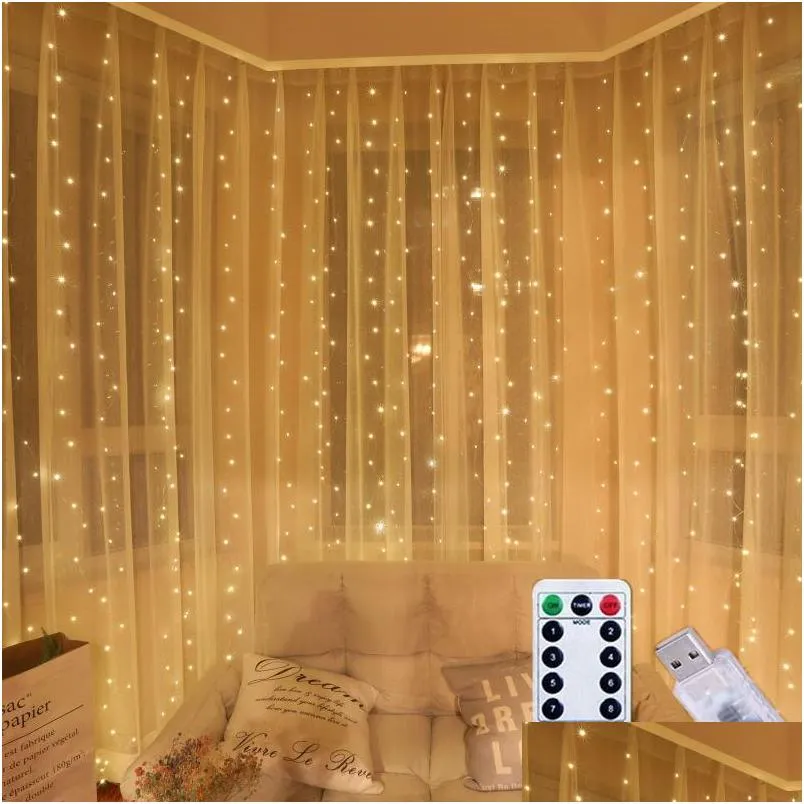  led curtain string fairy lights remote control usb 5v copper lights christmas decoration for home bedroom wedding party holiday lighting 8 modes 3x3m 3x2m