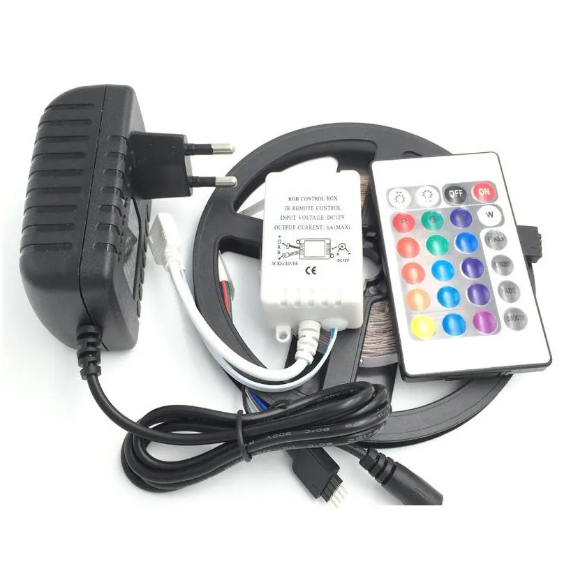 rgb led ribbon strip light 3528 smd 60led/m flexible non waterproof dc 12v add 24 key ir remote connector add power supply adapter stwich by