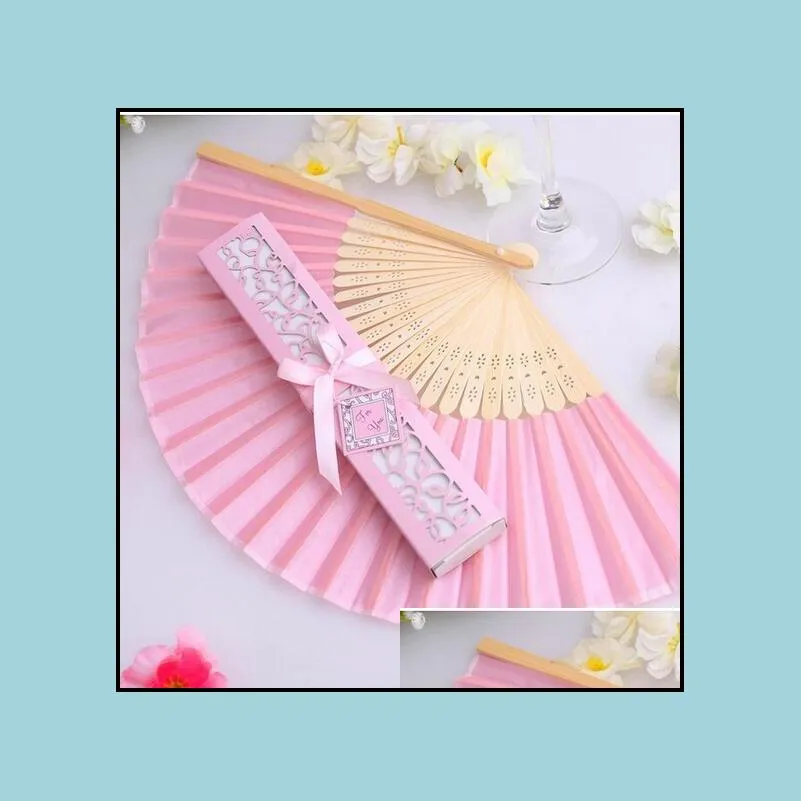100pcs/lot personalized luxurious silk fold hand fan in elegant lasercut gift box addparty favors/wedding giftsaddprinting