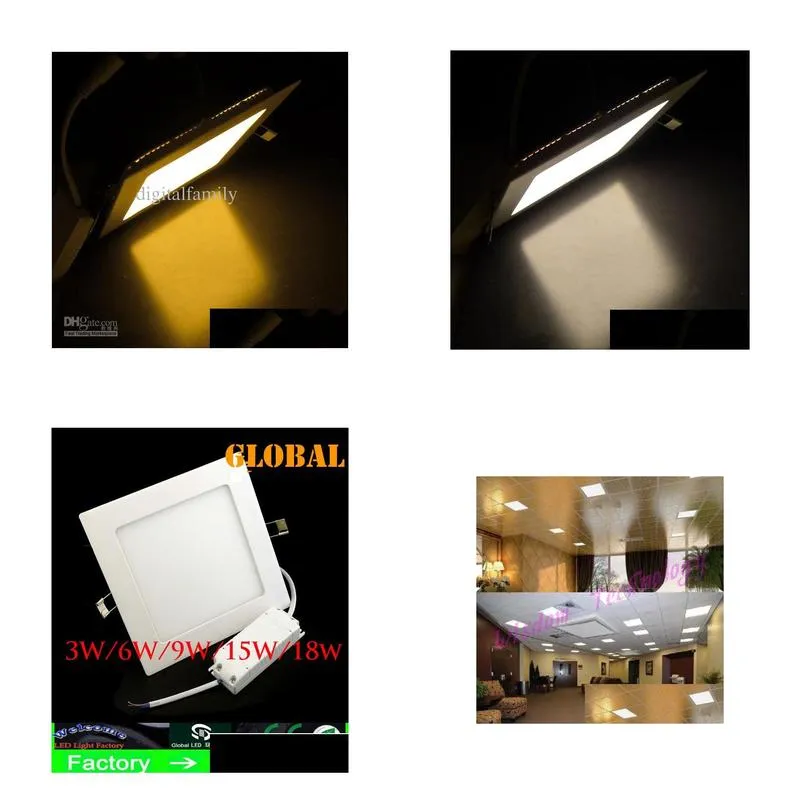 12x square panel light bulbs 100 3w/4w/6w/9w/15w/18w white/warm white led ceiling light led kitchen lighting office lamp via fedex