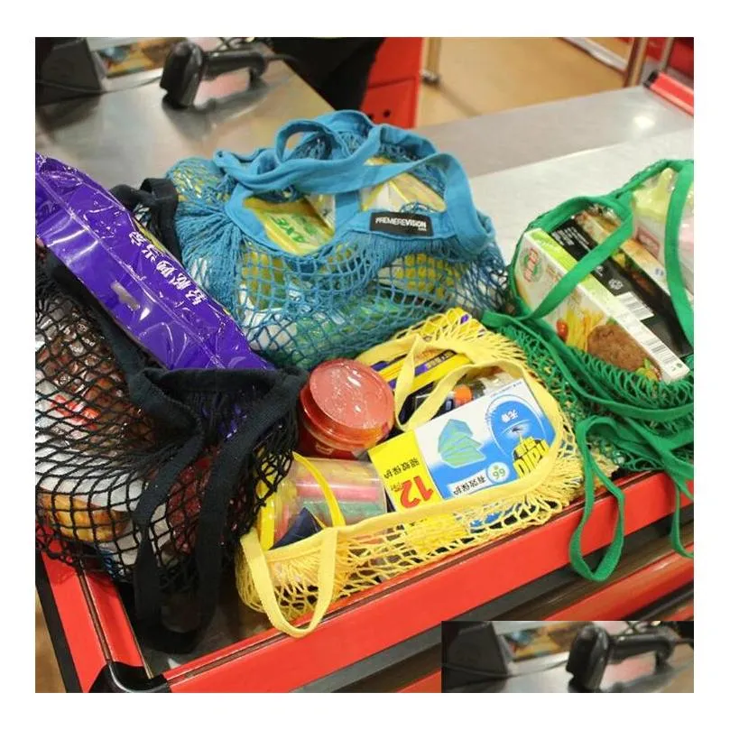 reusable shopping grocery bag 14 color large size portable shopper tote mesh net woven cotton bag home storage bags