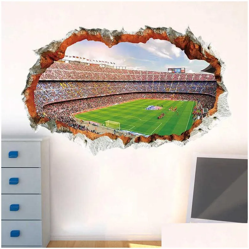 broken wall 3d soccer field wall stickers for kids baby rooms bedroom home decoration mural poster football sticker art decals y0805