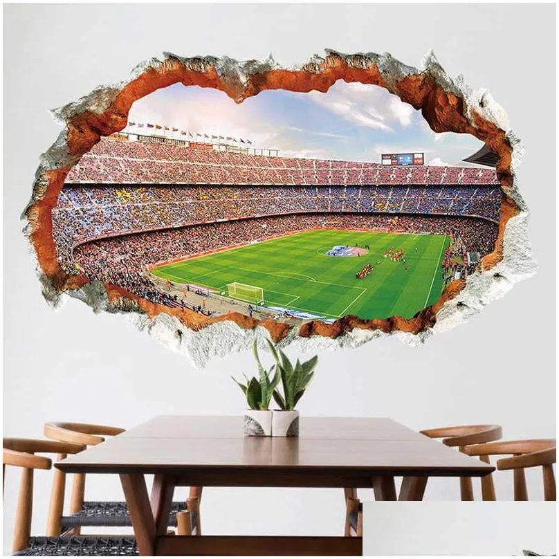 broken wall 3d soccer field wall stickers for kids baby rooms bedroom home decoration mural poster football sticker art decals y0805