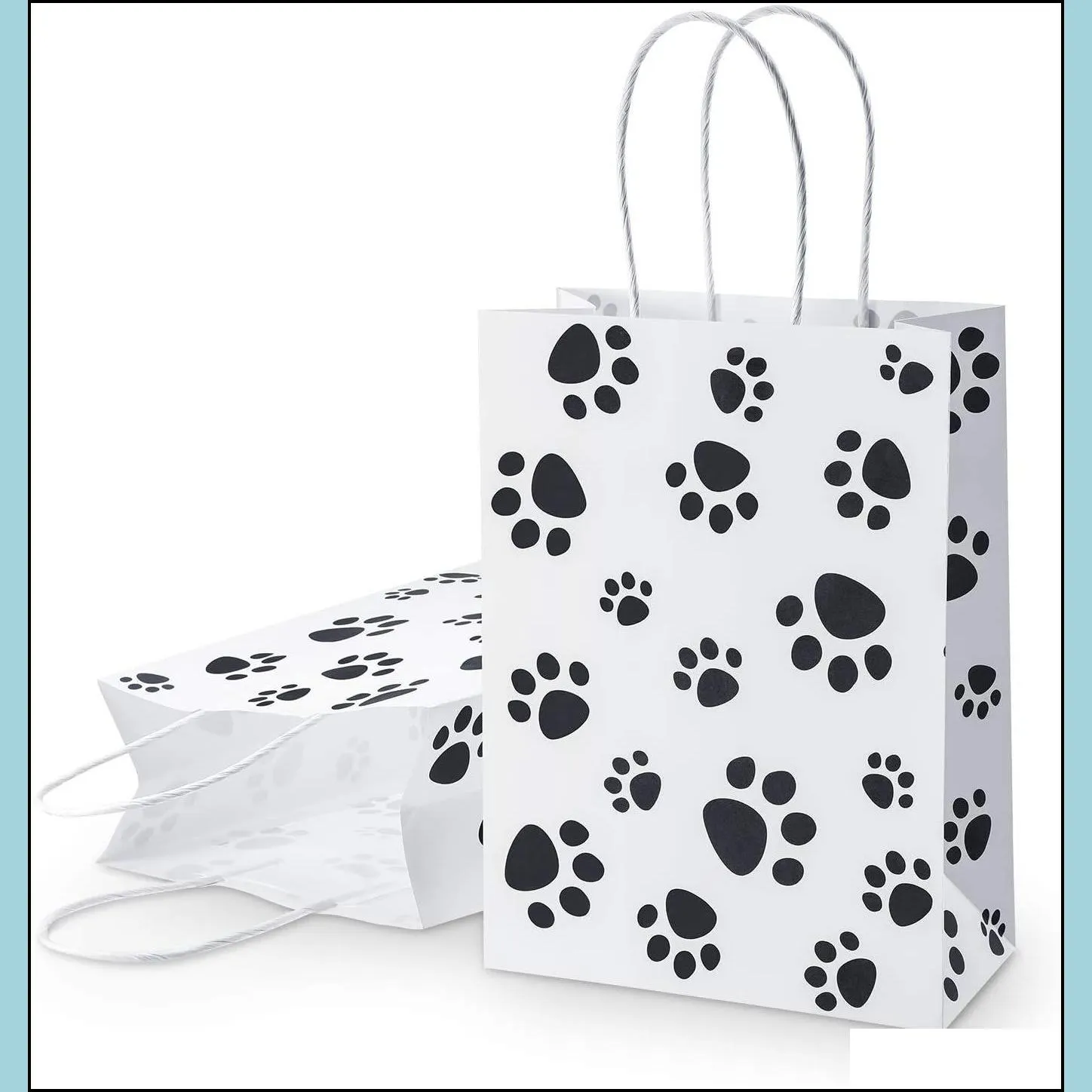 puppy dog paw print treat bags with paper twist handles for pet party favor