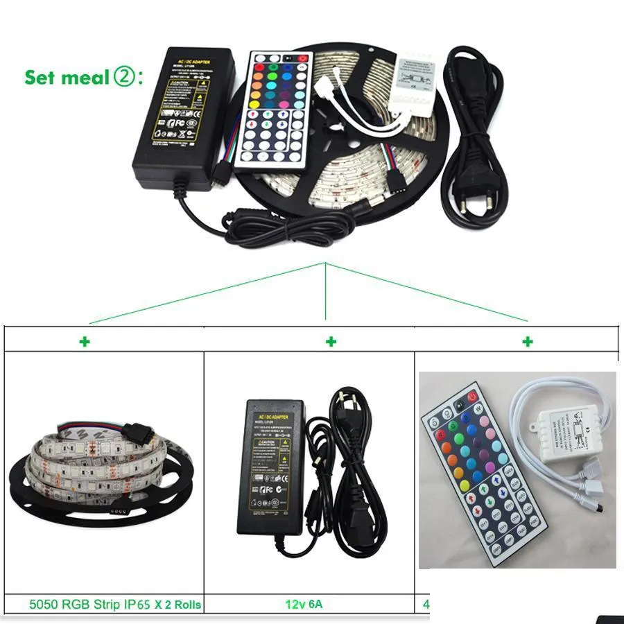 led strips light rgb 10m 5050 smd 300led waterproof ip65 with double connectors 44 keys controller with 12v 6a power supply for