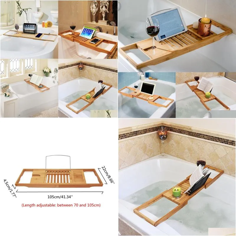 luxury bathroom bamboo bath bathtub shelf bridge tub caddy tray rack retractable wine glass book holder bathtub rack support y1125