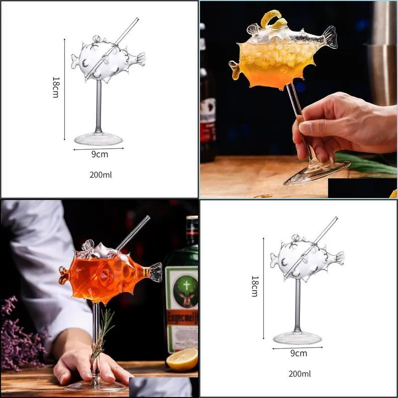 wine glasses 200ml creative pufferfish cocktail glass transparent goblet cup with straw molecular smoke bar party drinkware