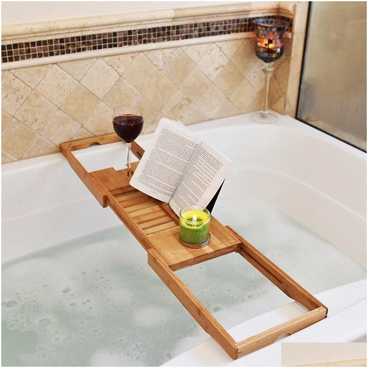 luxury bathroom bamboo bath bathtub shelf bridge tub caddy tray rack retractable wine glass book holder bathtub rack support y1125