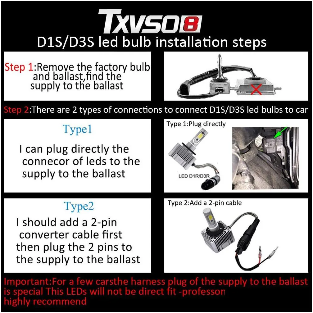 txvso8 car led headlight d1s d3s 20000lumens high beam 6000k white super bright 2pcs easy installation auto light