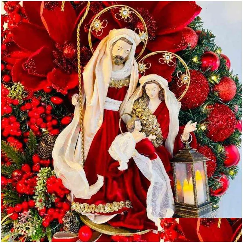 2022 sacred christmas wreath with lights artificial hanging ornaments front door wall decorations merry christmas tree wreath 211104