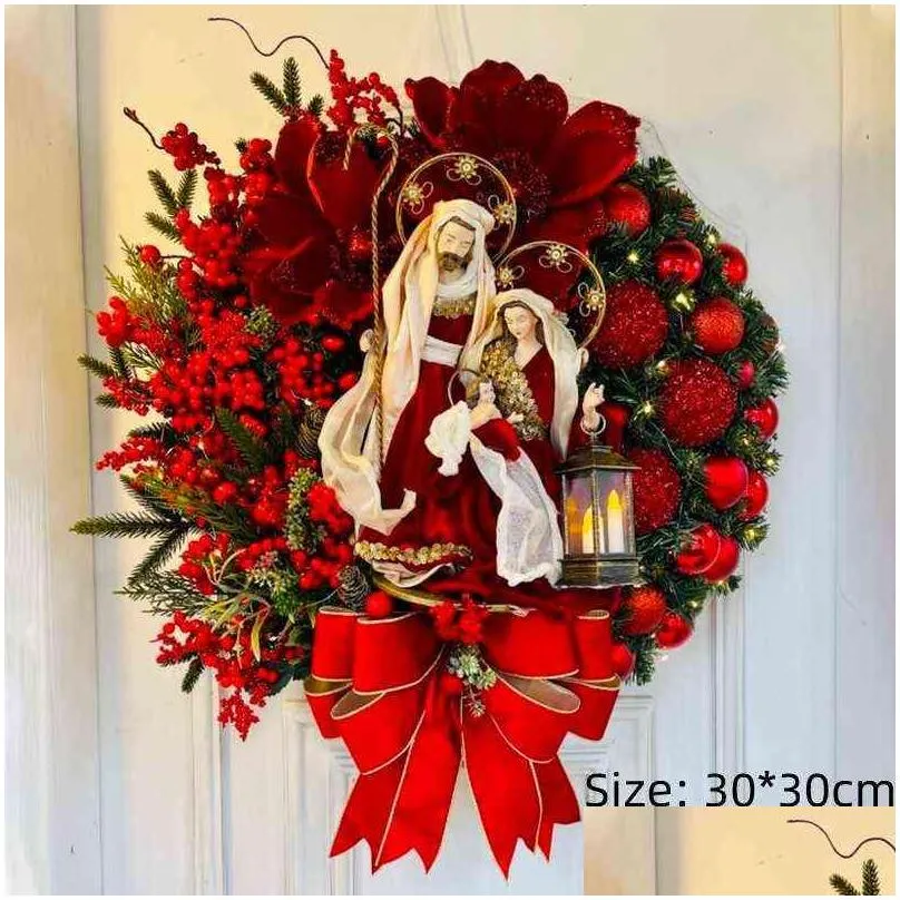 2022 sacred christmas wreath with lights artificial hanging ornaments front door wall decorations merry christmas tree wreath 211104