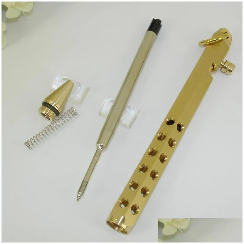 acmecn hexagonal copper tactical ball pen with key ring mini gun style holes design solid brass ballpoint pen for easter gifts 201111