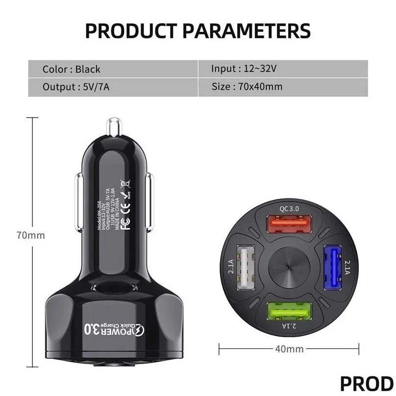 4 ports multi usb car  48w quick 7a mini fast charging qc3.0 for iphone 12 xiaomi  mobile phone adapter android devices