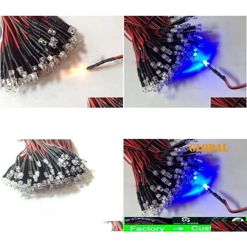 100 piece 12v light beads super bright leds 3mm 5mm prewired constant color single color flashing black holders multicolor