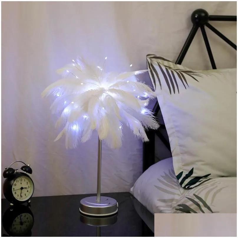 led feather shade table desk lamp atmosphere night light christmas decor soft pink bedroom study room