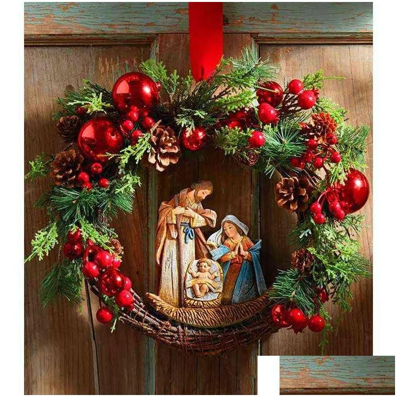 2022 sacred christmas wreath with lights artificial hanging ornaments front door wall decorations merry christmas tree wreath 211104