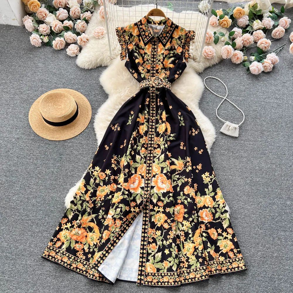 Summer Casual Dresses Women New Palace Style High Waist Suspenders Cake Dress Mid-length Print Runway Party Dresses 2023
