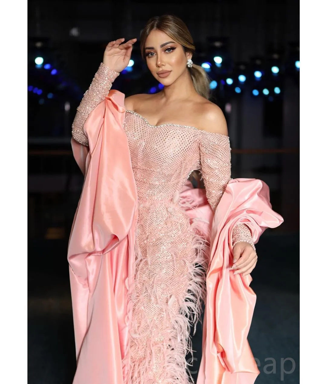 2023 Arabic Aso Ebi Pink Sheath Prom Dresses Feather With A Wrap Evening Formal Party Second Reception Birthday Engagement Gowns Dress ZJ6044