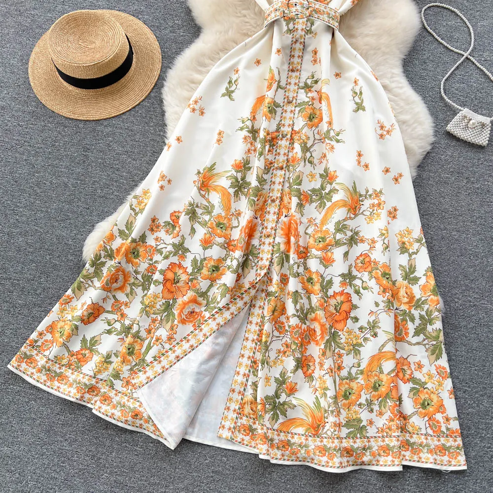 Summer Casual Dresses Women New Palace Style High Waist Suspenders Cake Dress Mid-length Print Runway Party Dresses 2023