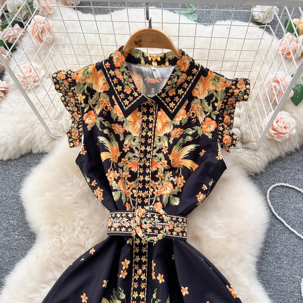 Summer Casual Dresses Women New Palace Style High Waist Suspenders Cake Dress Mid-length Print Runway Party Dresses 2023