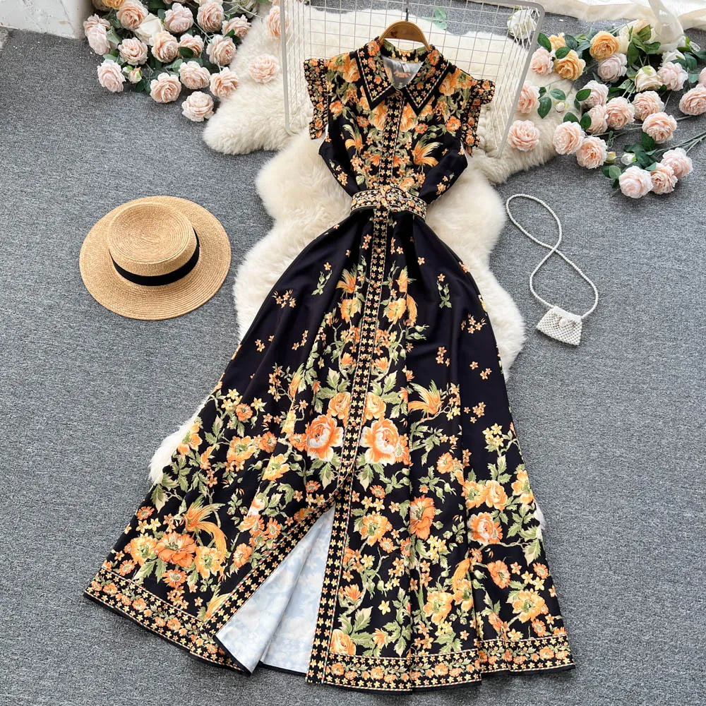 Summer Casual Dresses Women New Palace Style High Waist Suspenders Cake Dress Mid-length Print Runway Party Dresses 2023