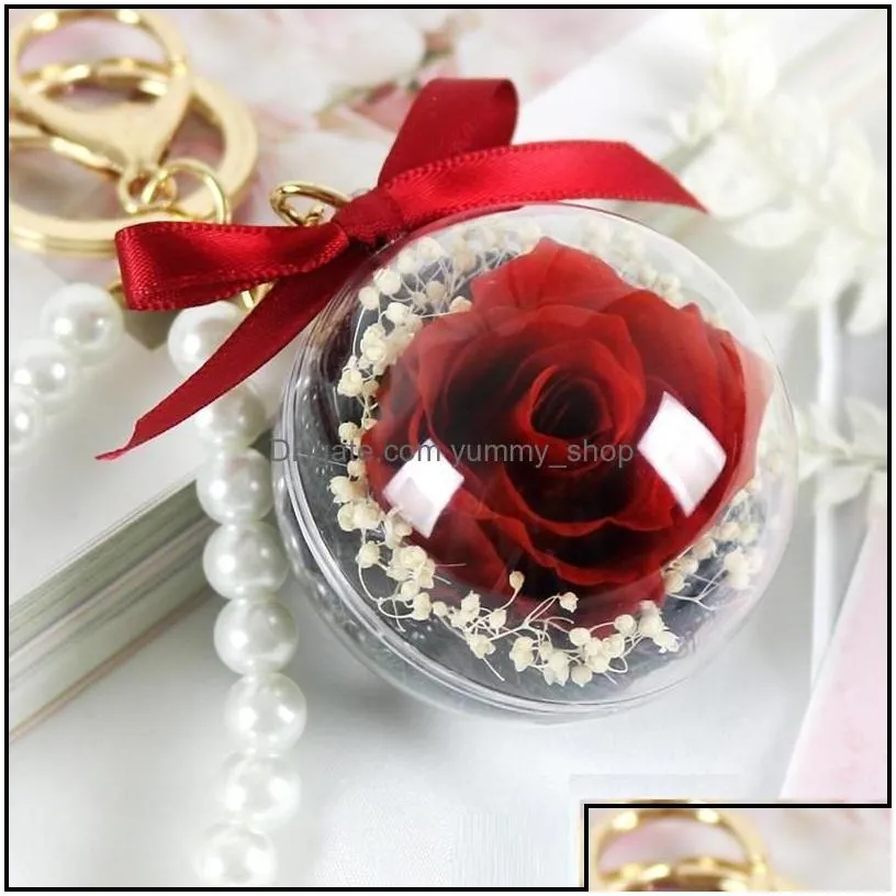 decorative flowers wreaths eternal flower keychain clear acrylic ball transparent sphere 5cm rose key ring valentines gift wedding