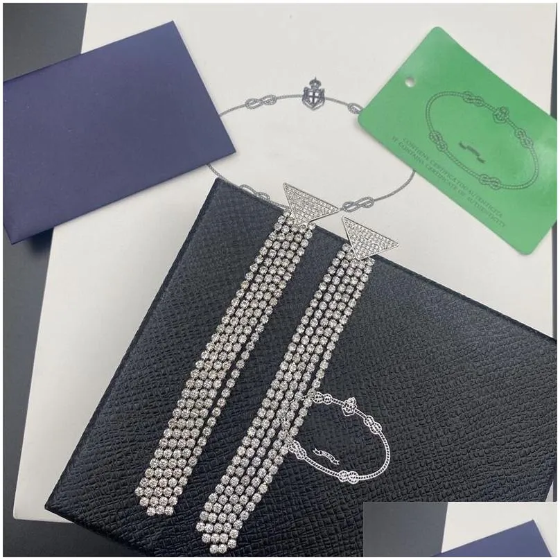 wedding party luxury women triangle pendant stud earrings designer jewelry diamond chain tassel drop earrings fashion accessories