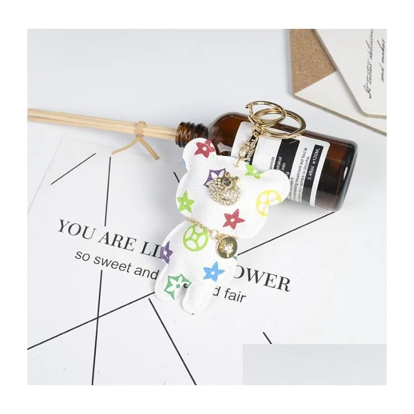 bear design car keychains flower bag pendant charm keyring holder pu leather animal key chain