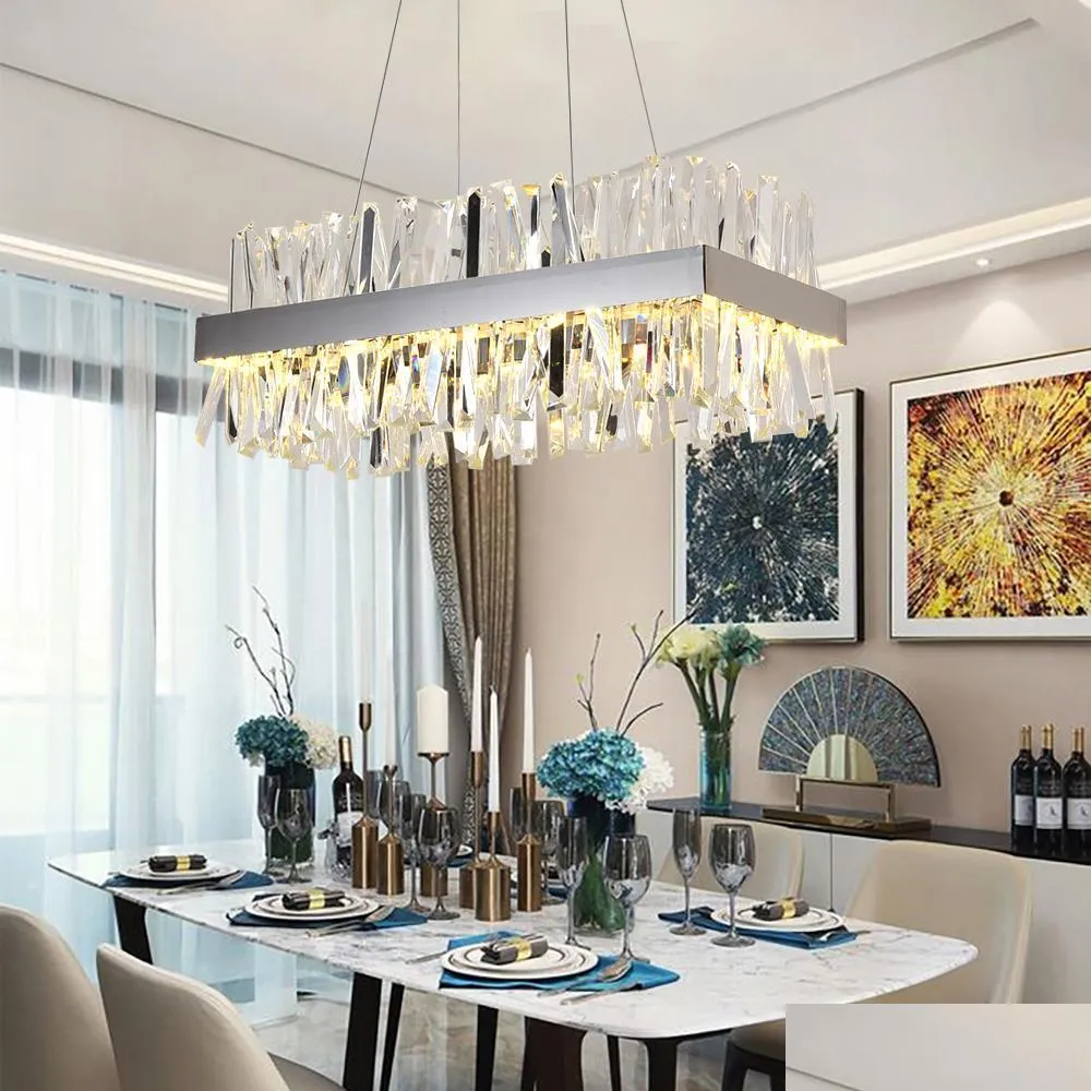 modern hanging chandelier pendant lamps for dining room luxury rectangle kitchen island crystal lamps chrome/gold led home decor light