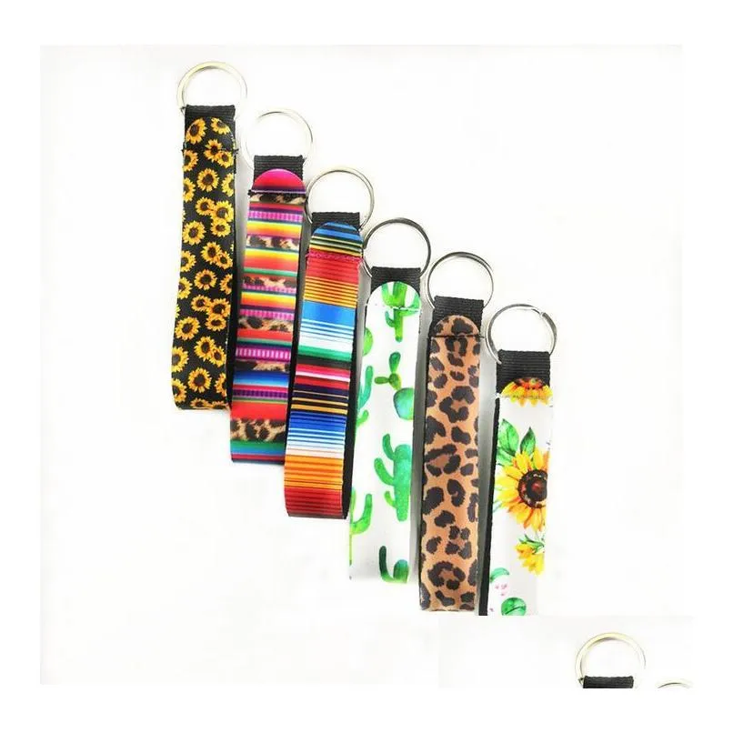 neoprene wristlet keychain colourful printed wrist key belt sunflower strip leopard lanyard key ring keychains