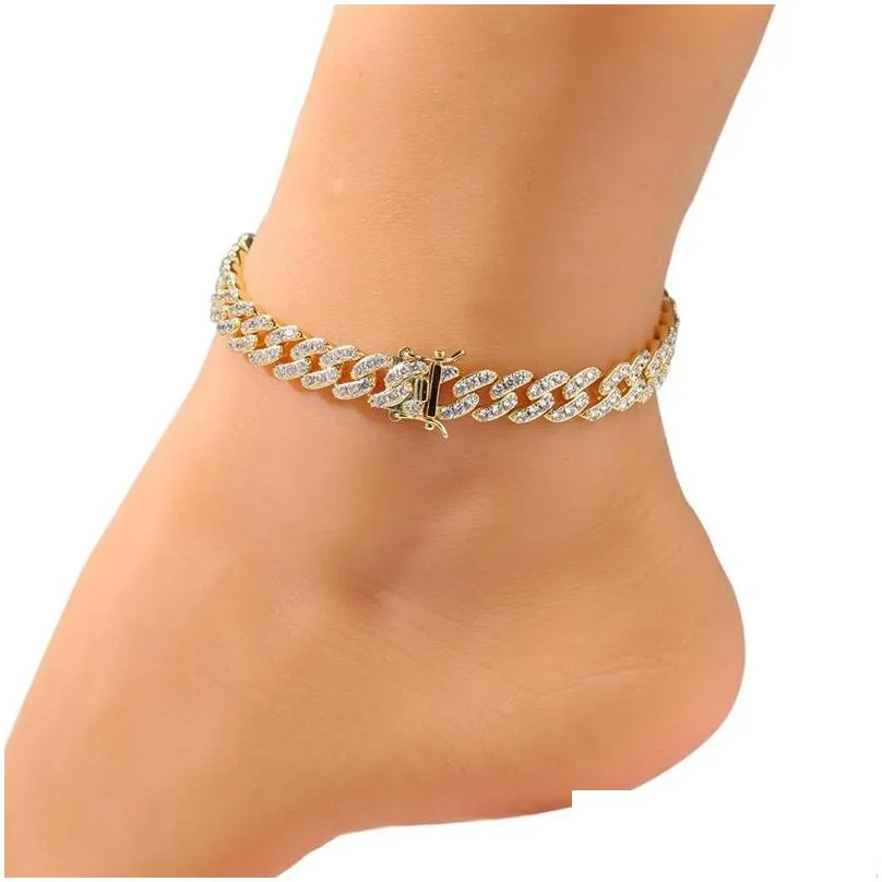 fashion womens anklets bracelet iced out cuban link chain anklet bracelets gold silver pink diamond hip hop jewelry