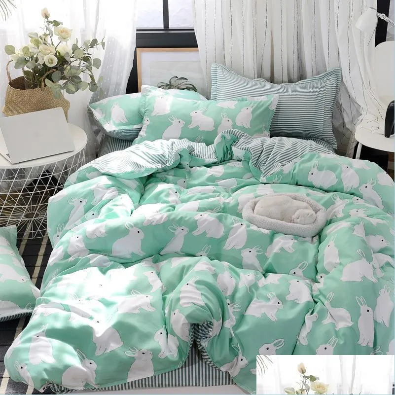 white blue flower bedding set rabbit universe pattern bed sheet cartoon duvet cover quilt cover full twin queen king size