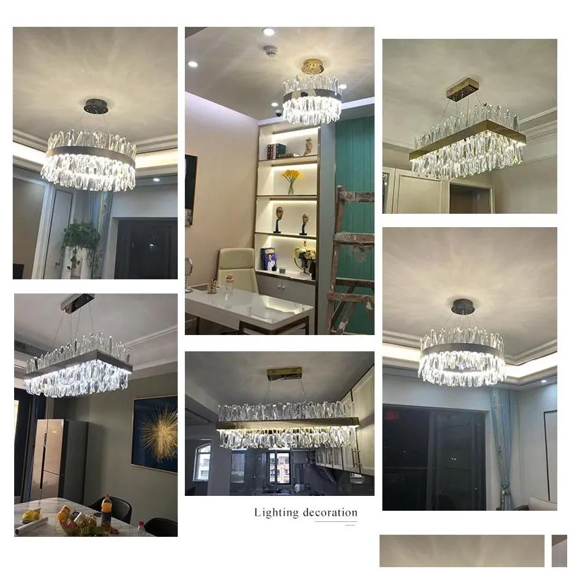 modern hanging chandelier pendant lamps for dining room luxury rectangle kitchen island crystal lamps chrome/gold led home decor light