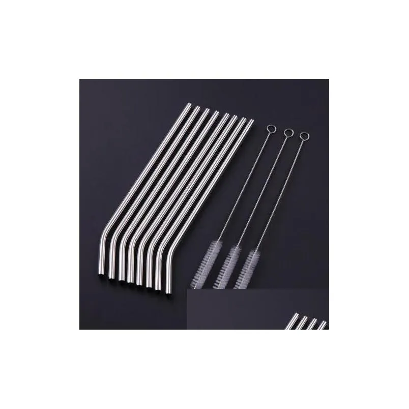 more size straight and bend stainless steel straw and cleaning brush reusable drinking straw bar drinking tool