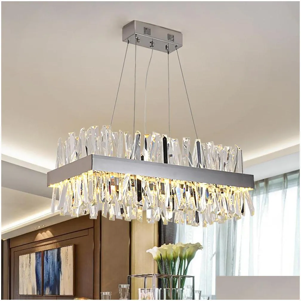 modern hanging chandelier pendant lamps for dining room luxury rectangle kitchen island crystal lamps chrome/gold led home decor light