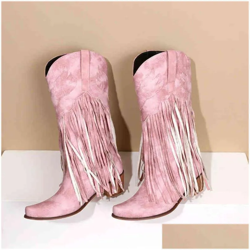 boots cowgirls  boots for women fringe love pattern chunky heels pointed toe western boots slip on shoes female plus size 45