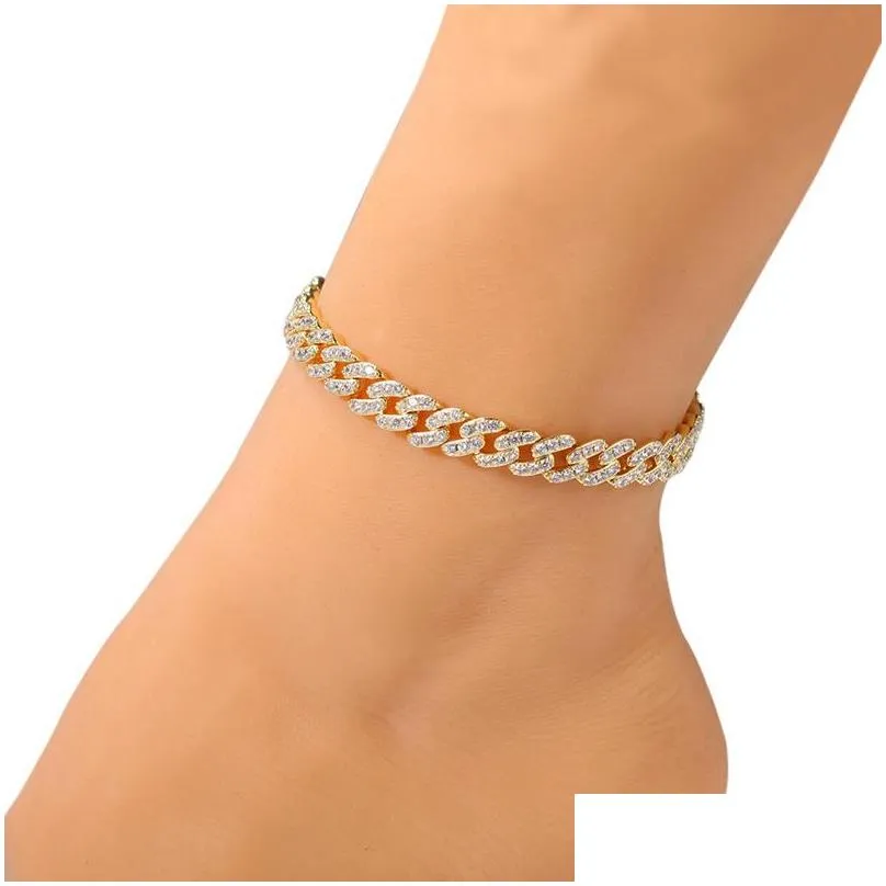 fashion womens anklets bracelet iced out cuban link chain anklet bracelets gold silver pink diamond hip hop jewelry